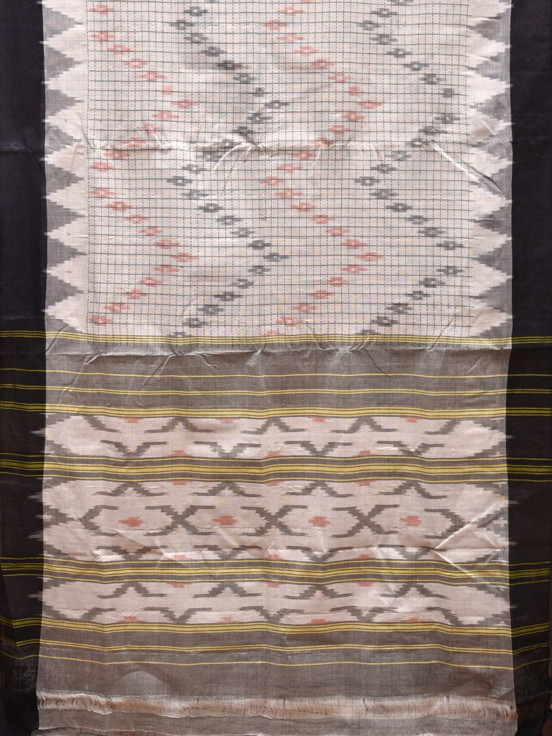 White Ikat Cotton Handloom Saree with Checks and Temple Border Design i0860