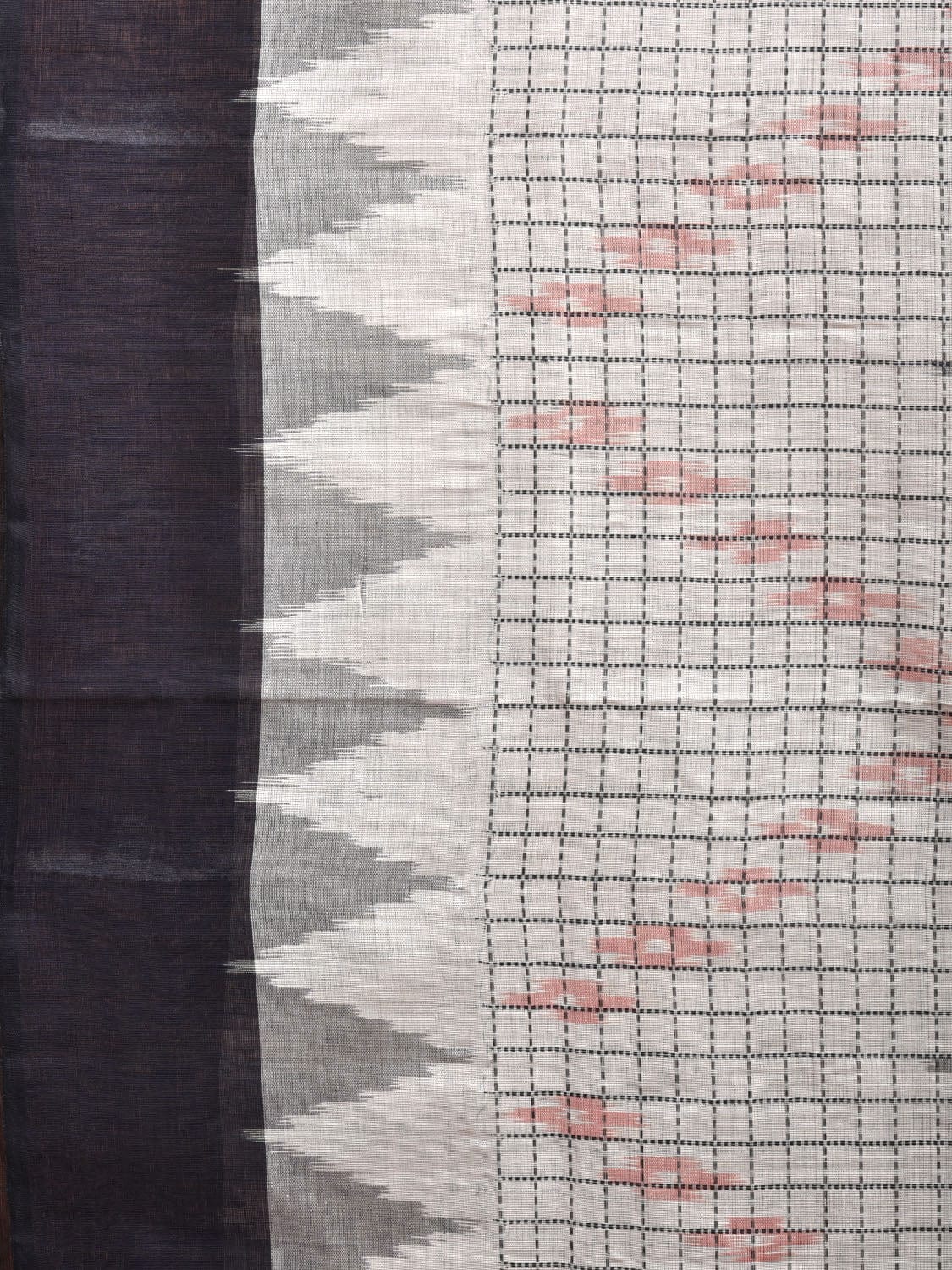 White Ikat Cotton Handloom Saree with Checks and Temple Border Design i0860