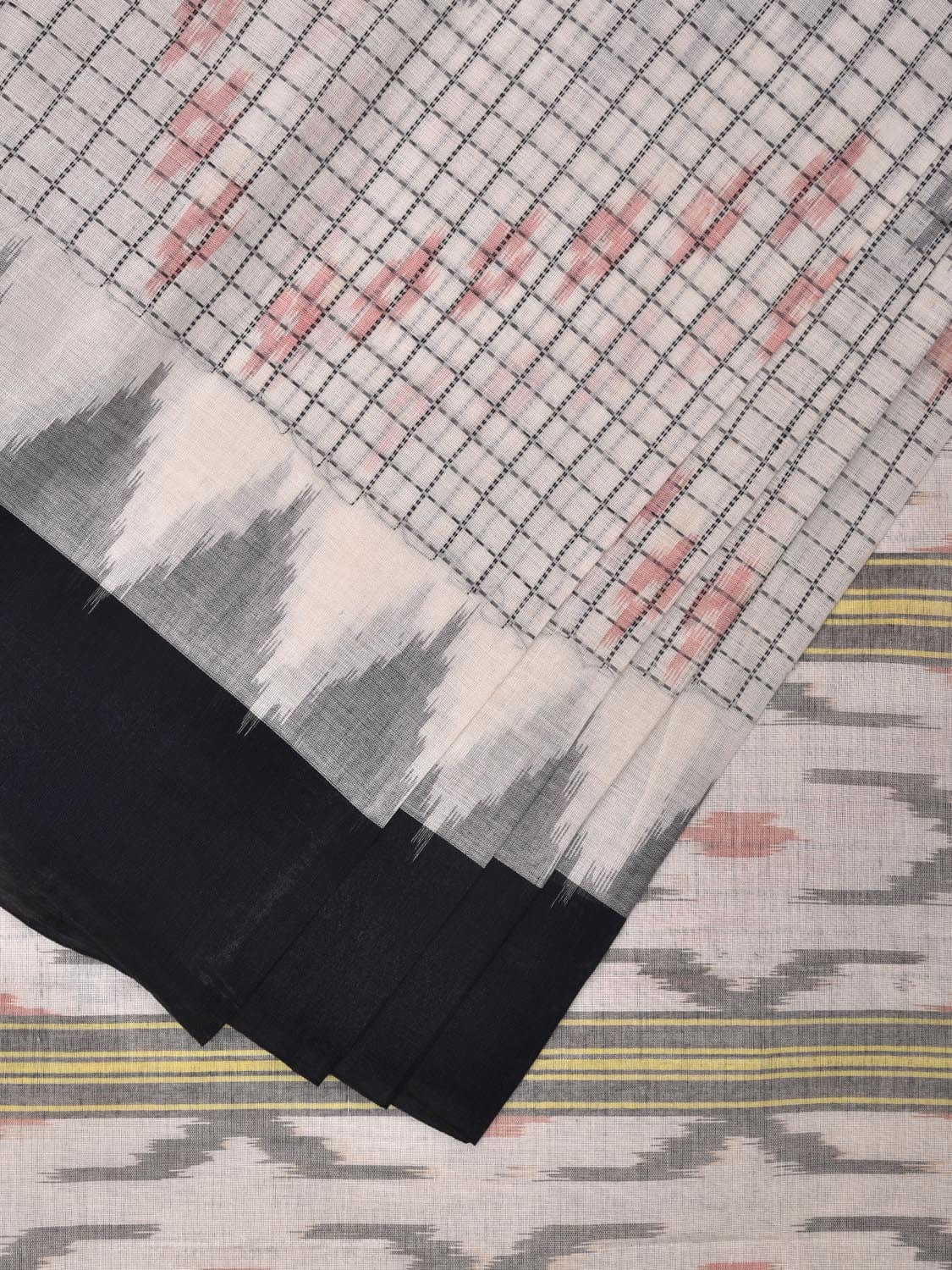 White Ikat Cotton Handloom Saree with Checks and Temple Border Design i0860