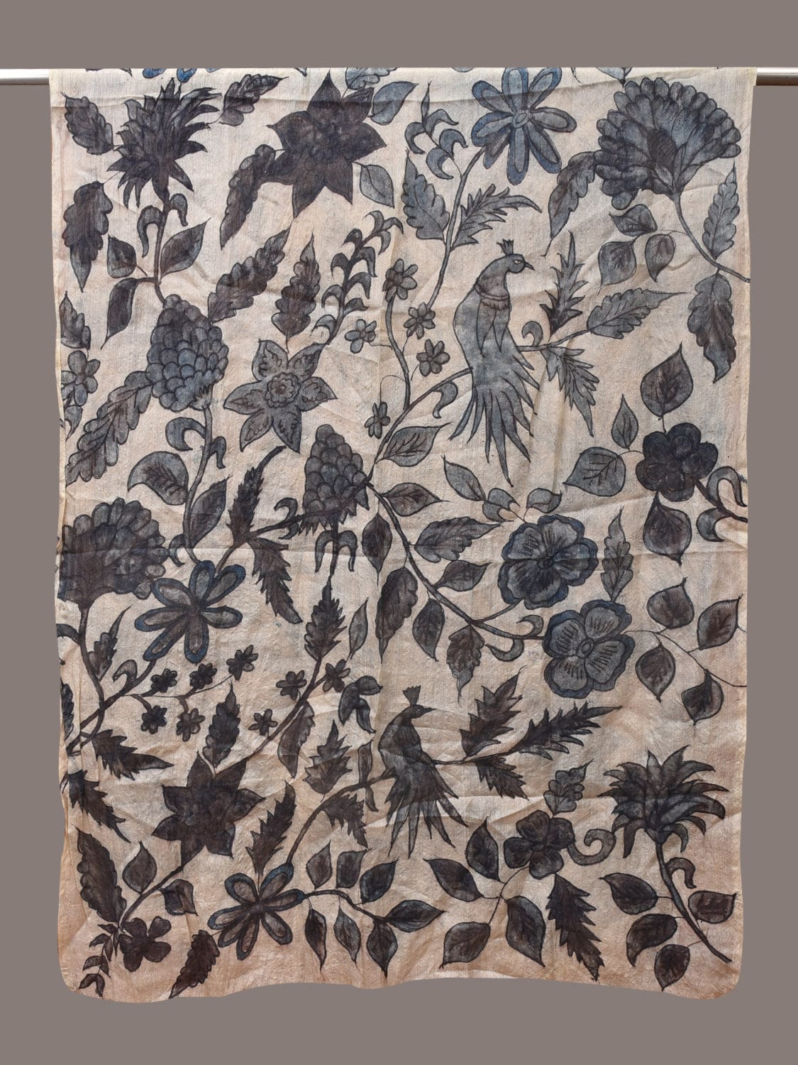 White Kalamkari Hand Painted Tussar Handloom Dupatta with Birds and Floral Design ds3447