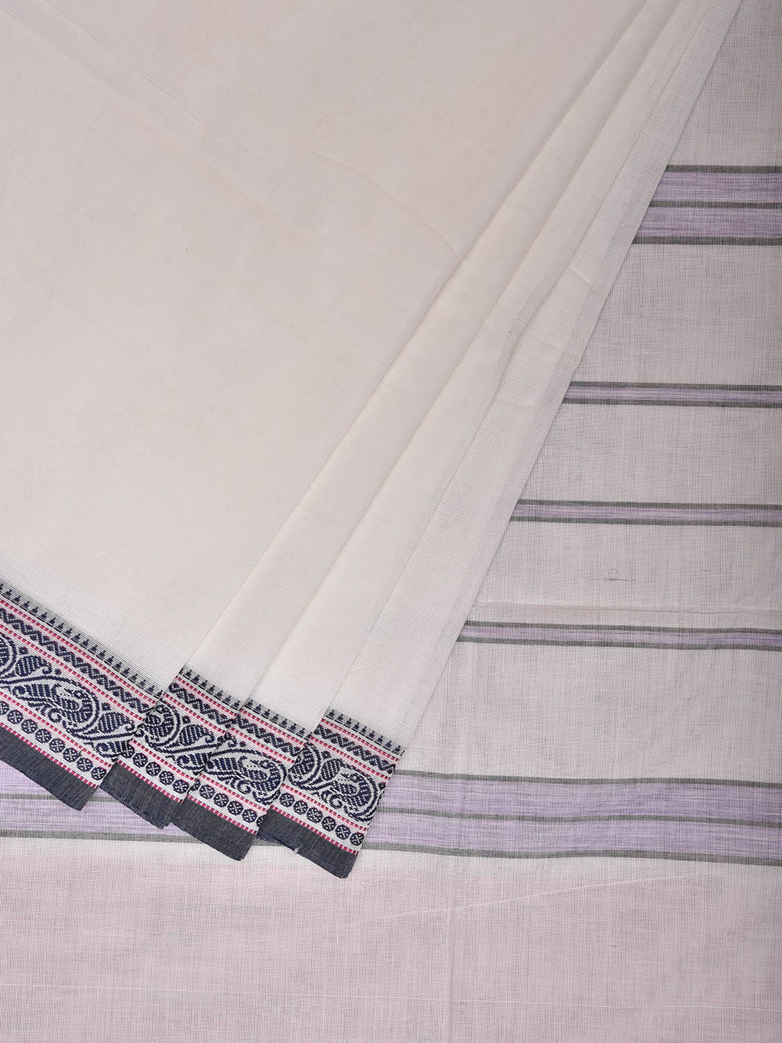 White Kanchipuram Cotton Saree with Strips Pallu Design k0786
