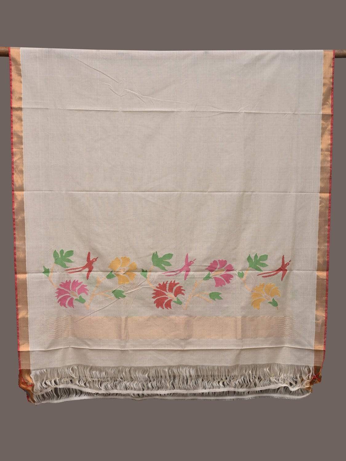 White Khadi Cotton Handloom Dupatta with Flowers Design ds2252