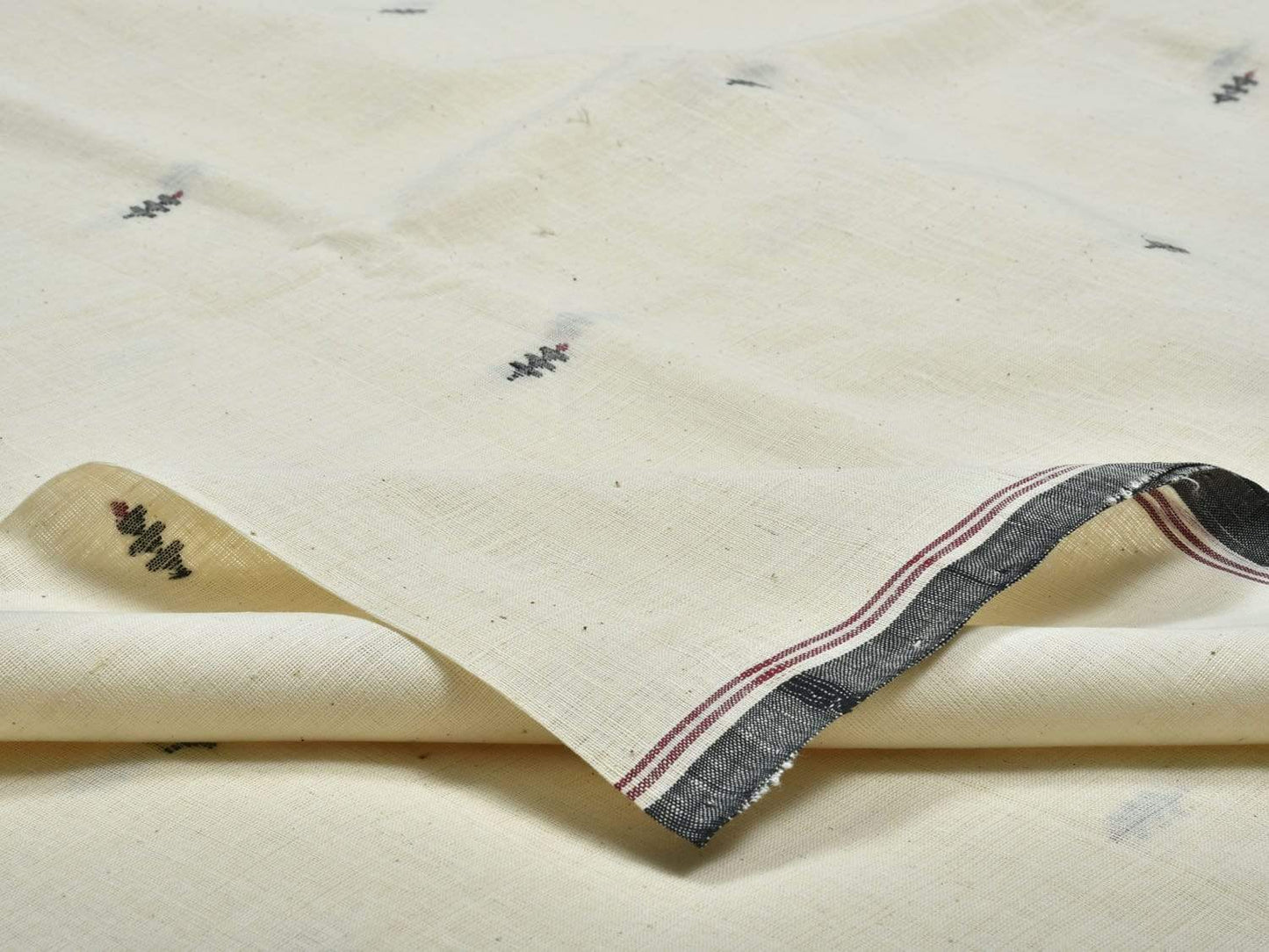 White Khadi Cotton Handloom 2.5mts Fabric Material with Jamdani Buta Design f0125