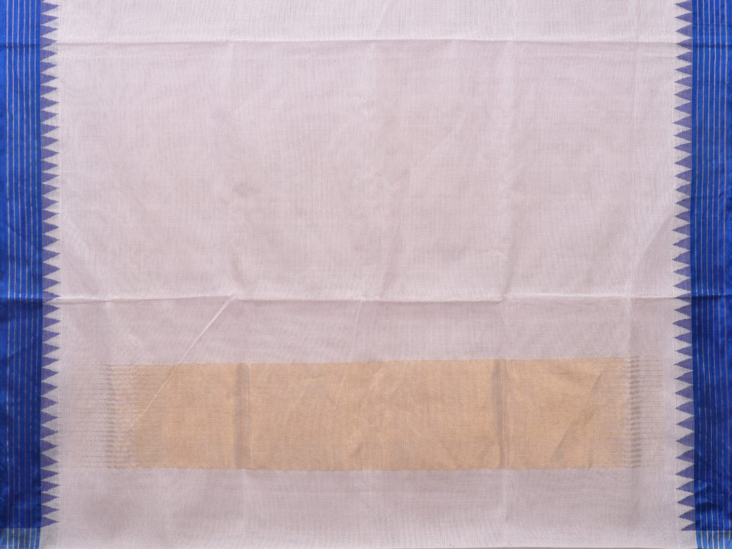 White Khadi Cotton Handloom Plain Saree with Strips and Temple Border Design kh0576