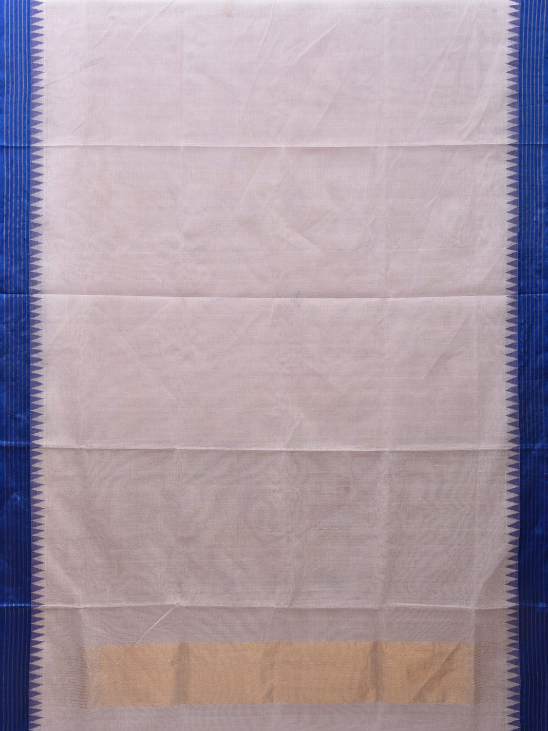 White Khadi Cotton Handloom Plain Saree with Strips and Temple Border Design kh0576