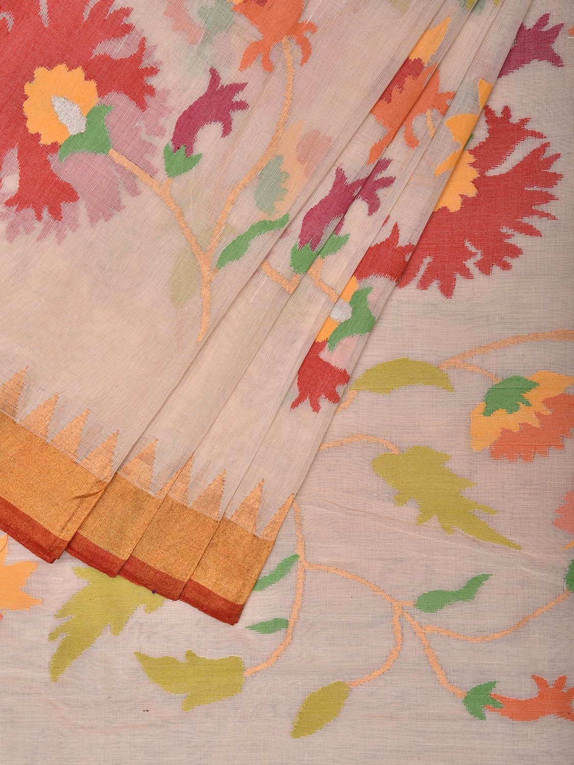 White Khadi Cotton Handloom Saree with All Over Floral Design kh0693