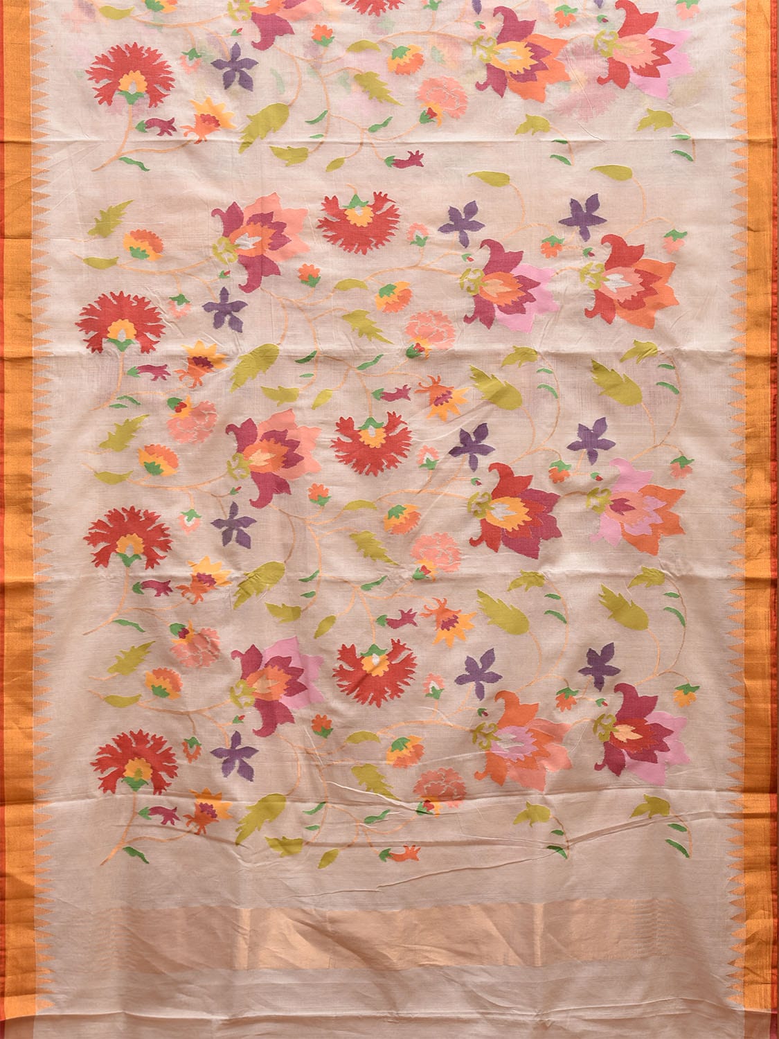 White Khadi Cotton Handloom Saree with All Over Floral Design kh0693