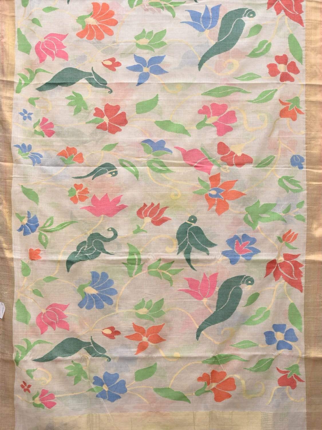 White Khadi Cotton Handloom Saree with All Over Flowers and Paoort Design kh0518