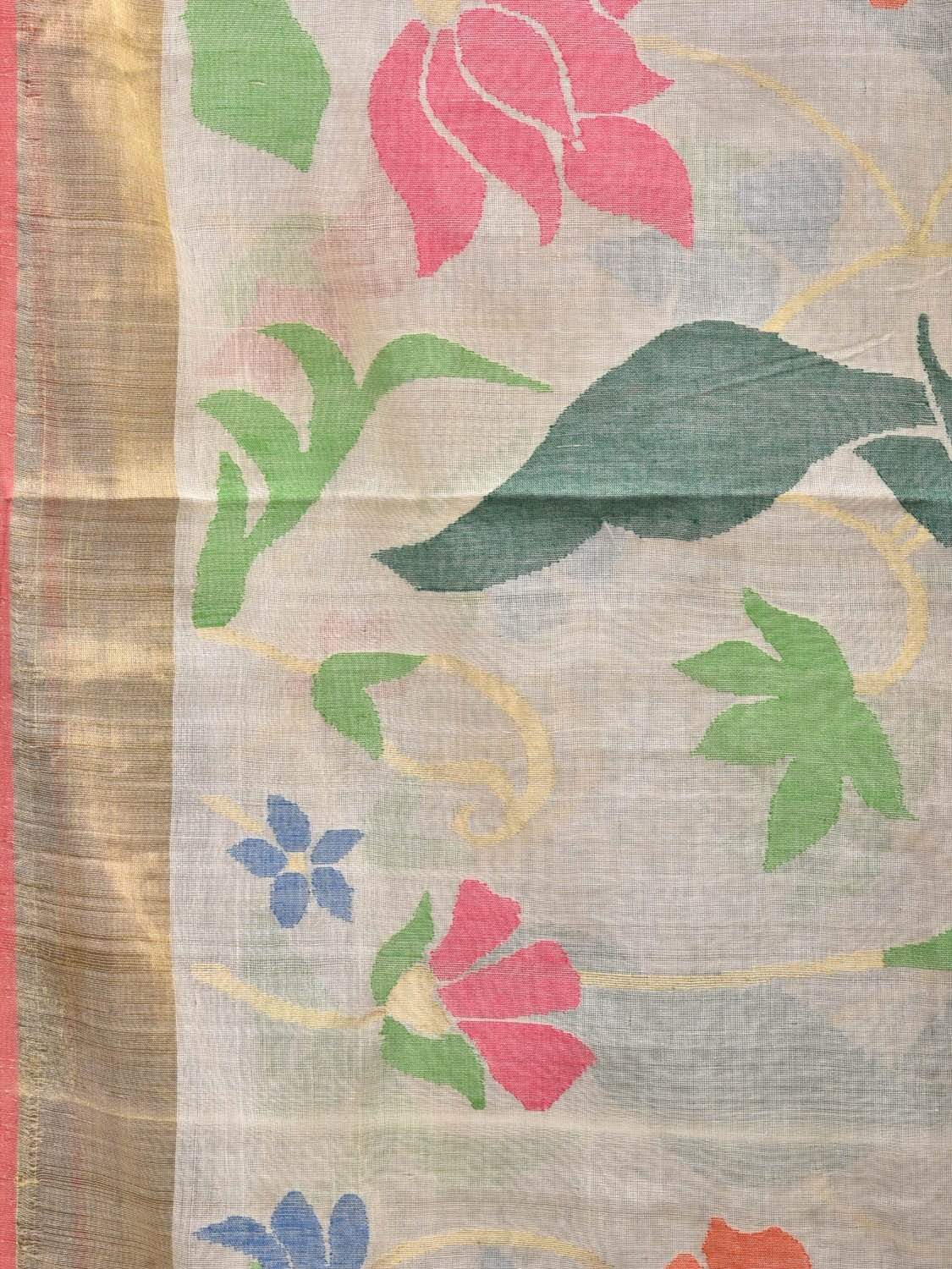 White Khadi Cotton Handloom Saree with All Over Flowers and Paoort Design kh0518