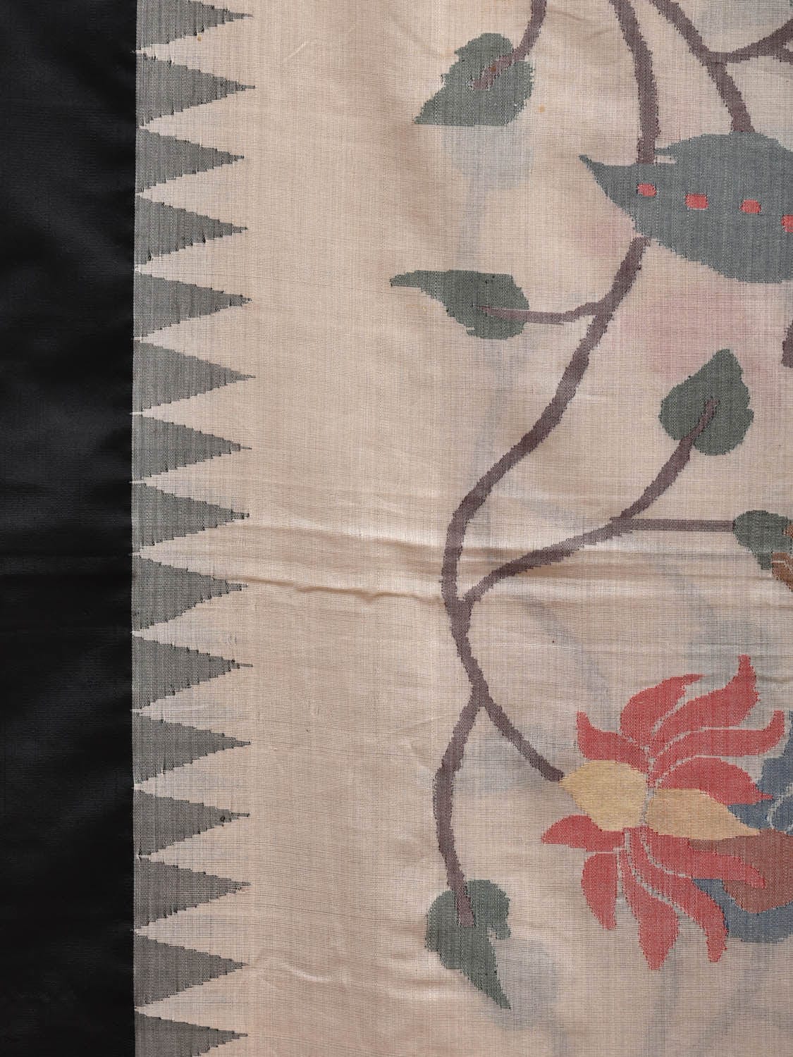 White Khadi Cotton Handloom Saree with All Over Peacocks and Lotus Flowers Design No Blouse kh0540