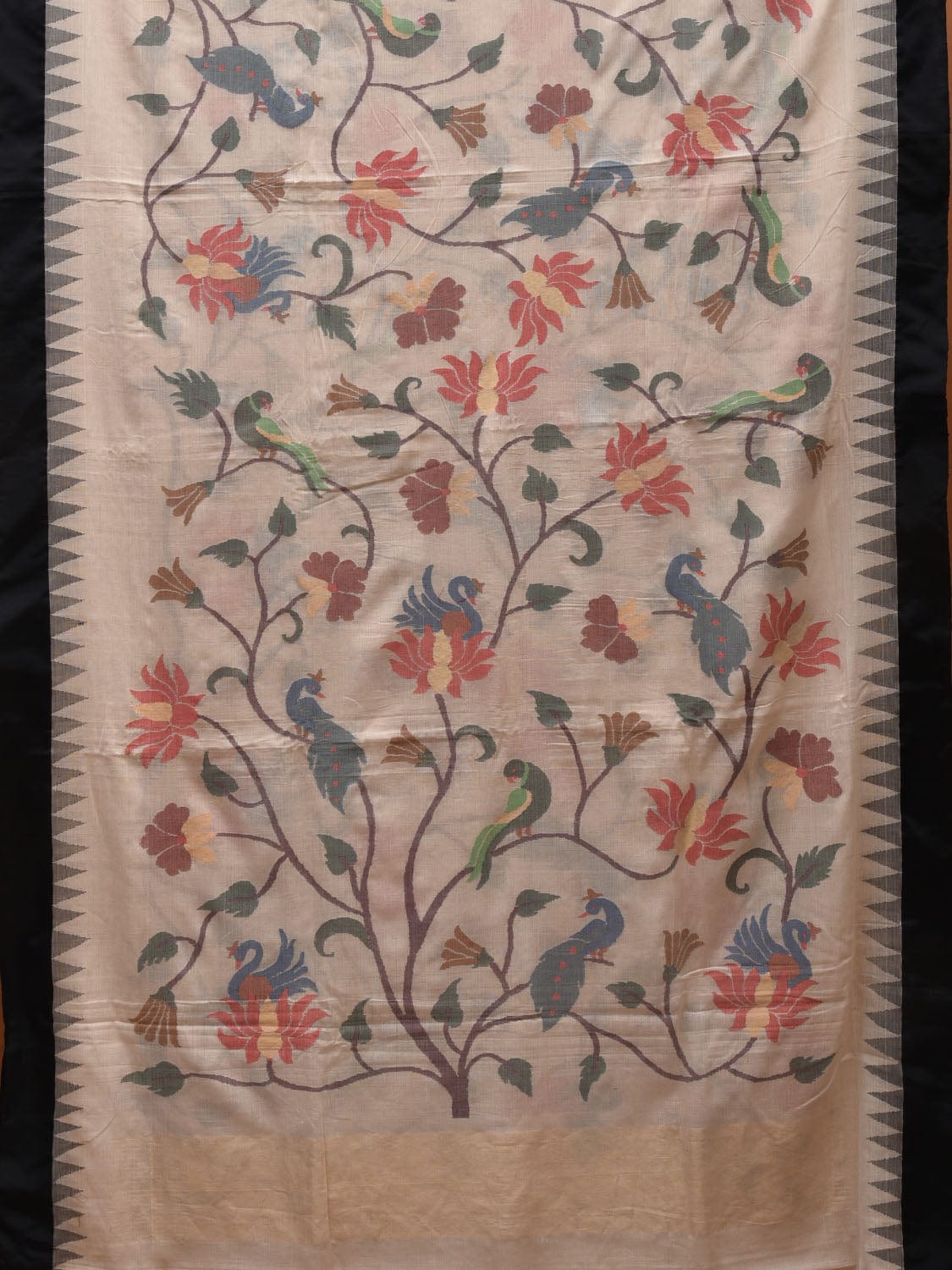 White Khadi Cotton Handloom Saree with All Over Peacocks and Lotus Flowers Design No Blouse kh0540