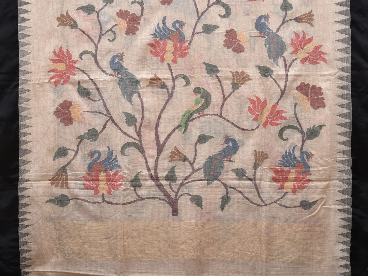 White Khadi Cotton Handloom Saree with All Over Peacocks and Lotus Flowers Design No Blouse kh0540