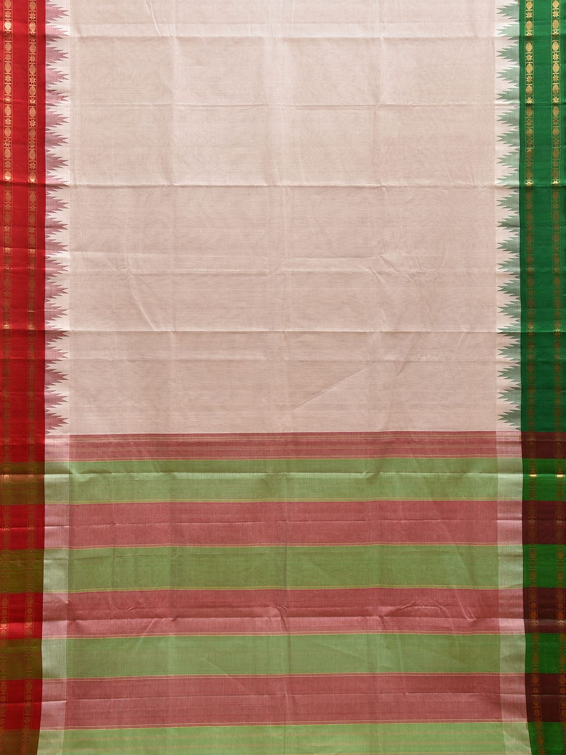 White Khadi Cotton Handloom Saree with Ganga-Jamuna Big Temple Border kh0686