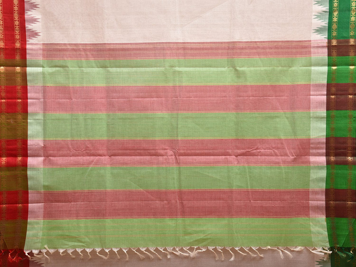 White Khadi Cotton Handloom Saree with Ganga-Jamuna Big Temple Border kh0686