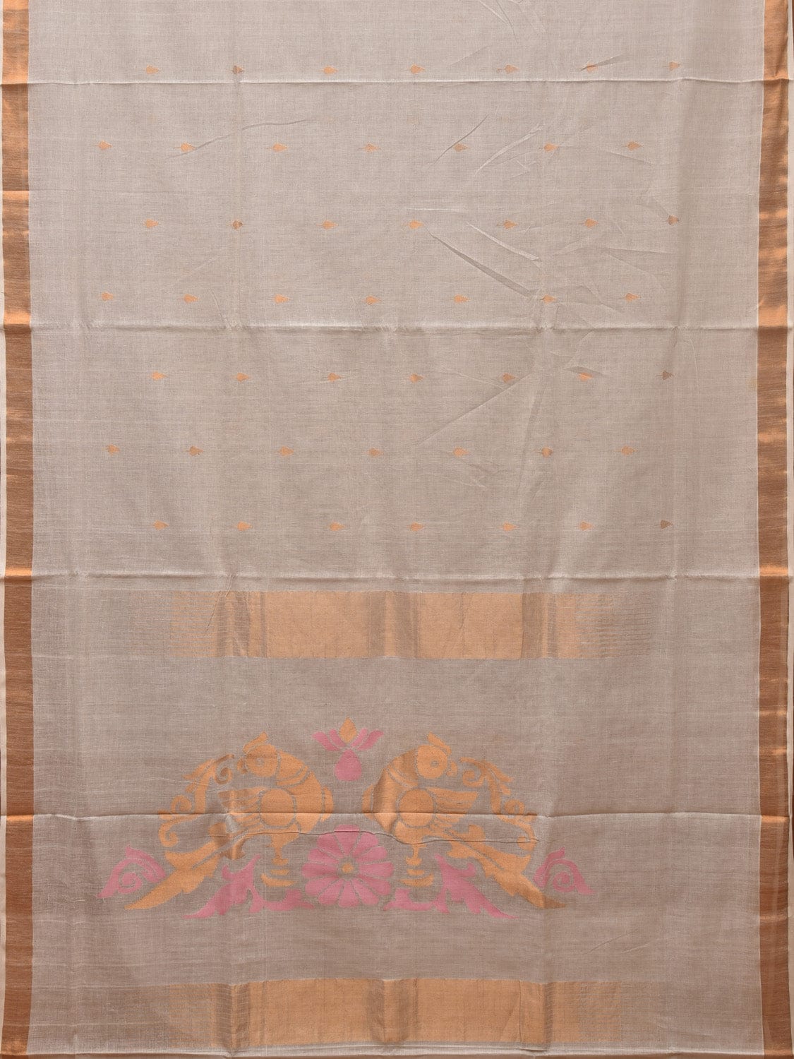 White Khadi Cotton Handloom Saree with Parrots Pallu Design Kh0305