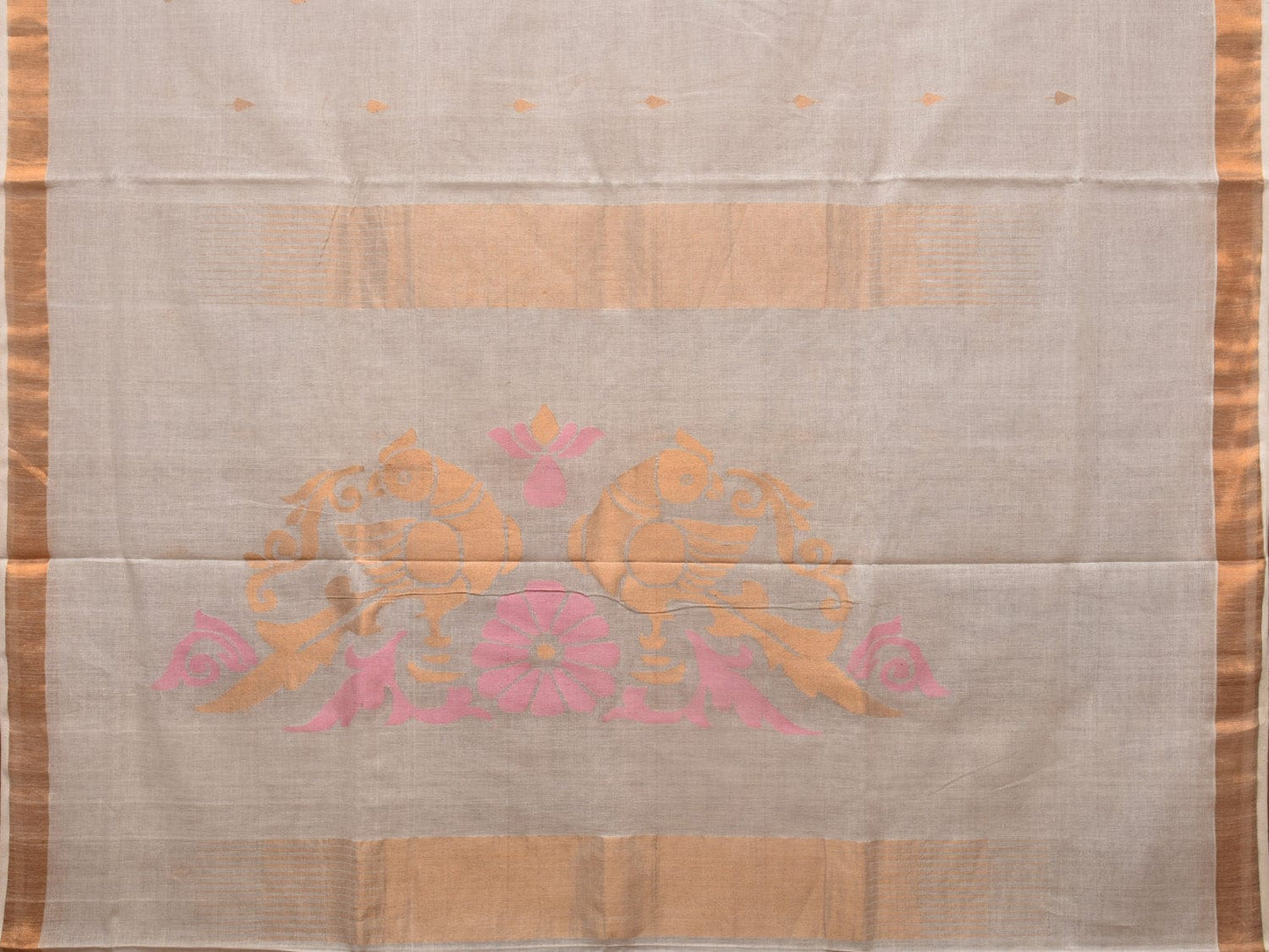 White Khadi Cotton Handloom Saree with Parrots Pallu Design Kh0305