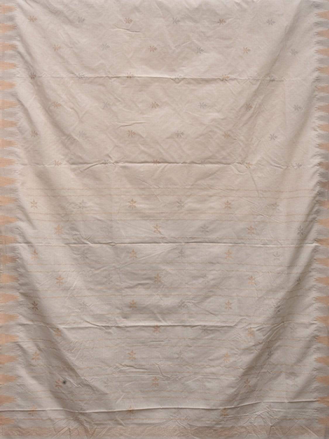 White Khadi Cotton Handloom Saree with Temple Border and Buta Design kh0522