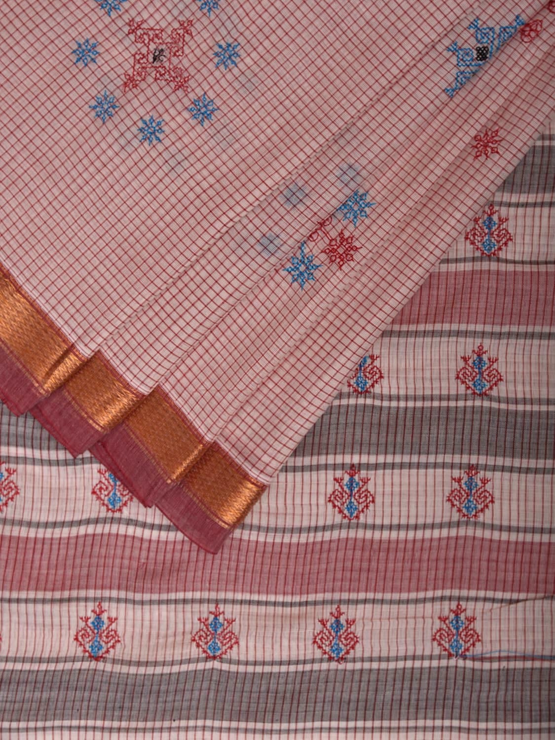 White Narayanpet Cotton Handloom Saree with Kasuti Work and Checks Design o0644