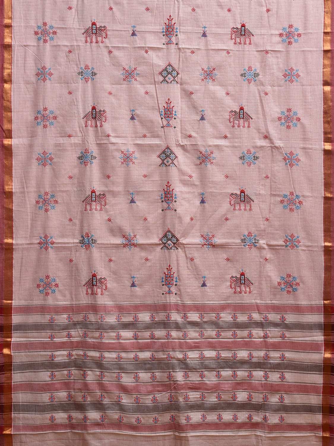 White Narayanpet Cotton Handloom Saree with Kasuti Work and Checks Design o0644