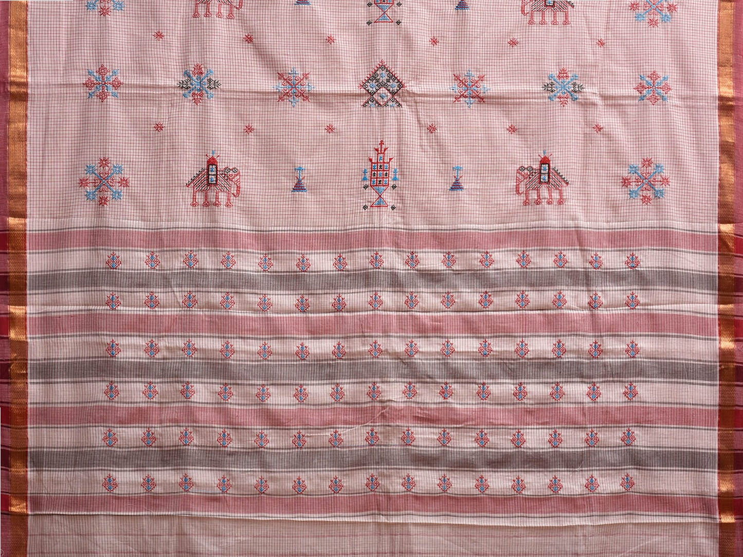 White Narayanpet Cotton Handloom Saree with Kasuti Work and Checks Design o0644
