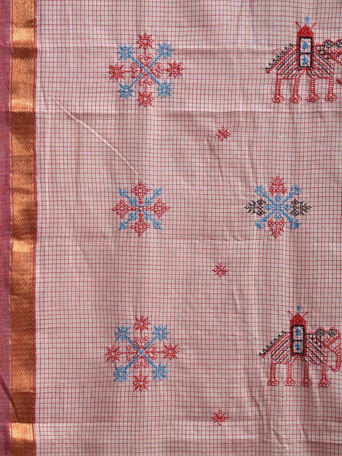White Narayanpet Cotton Handloom Saree with Kasuti Work and Checks Design o0644