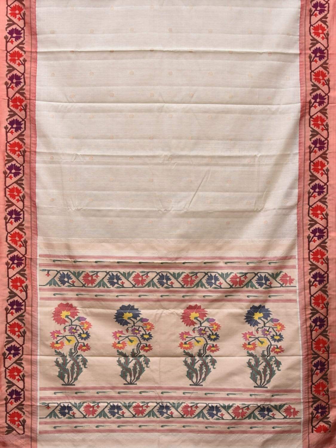 White Paithani Cotton Handloom Saree with Ashavali Border Design p0363