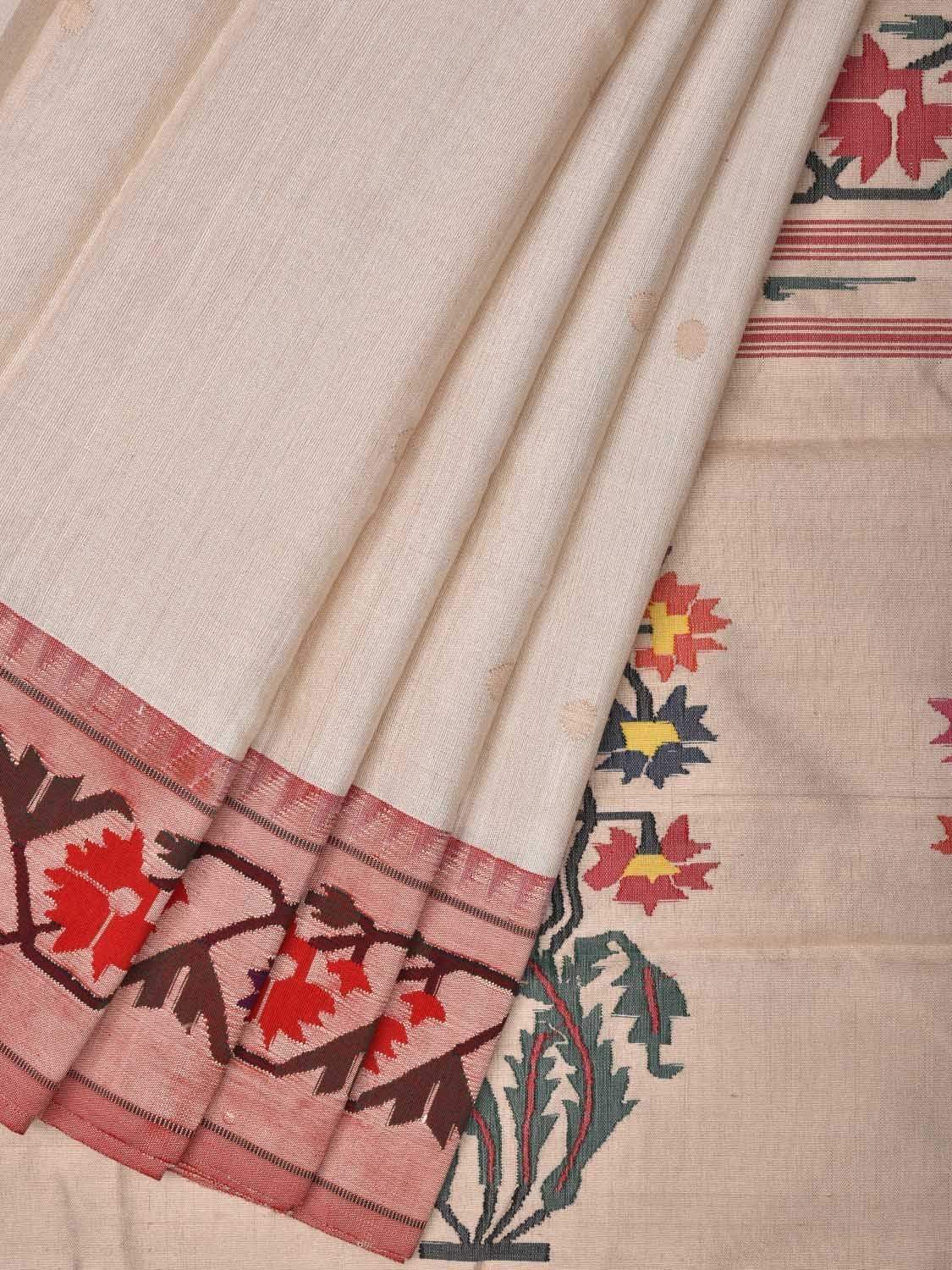White Paithani Cotton Handloom Saree with Ashavali Border Design p0363