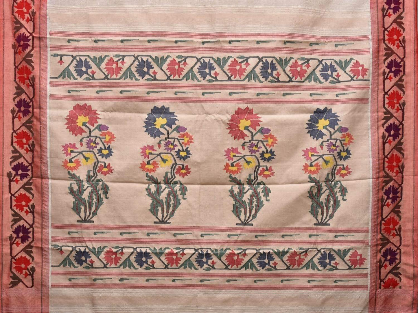 White Paithani Cotton Handloom Saree with Ashavali Border Design p0363