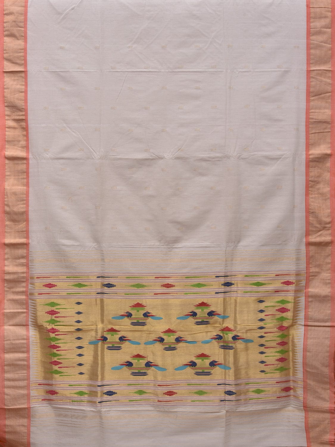 White Paithani Cotton Handloom Saree with Double Pallu Design p0459