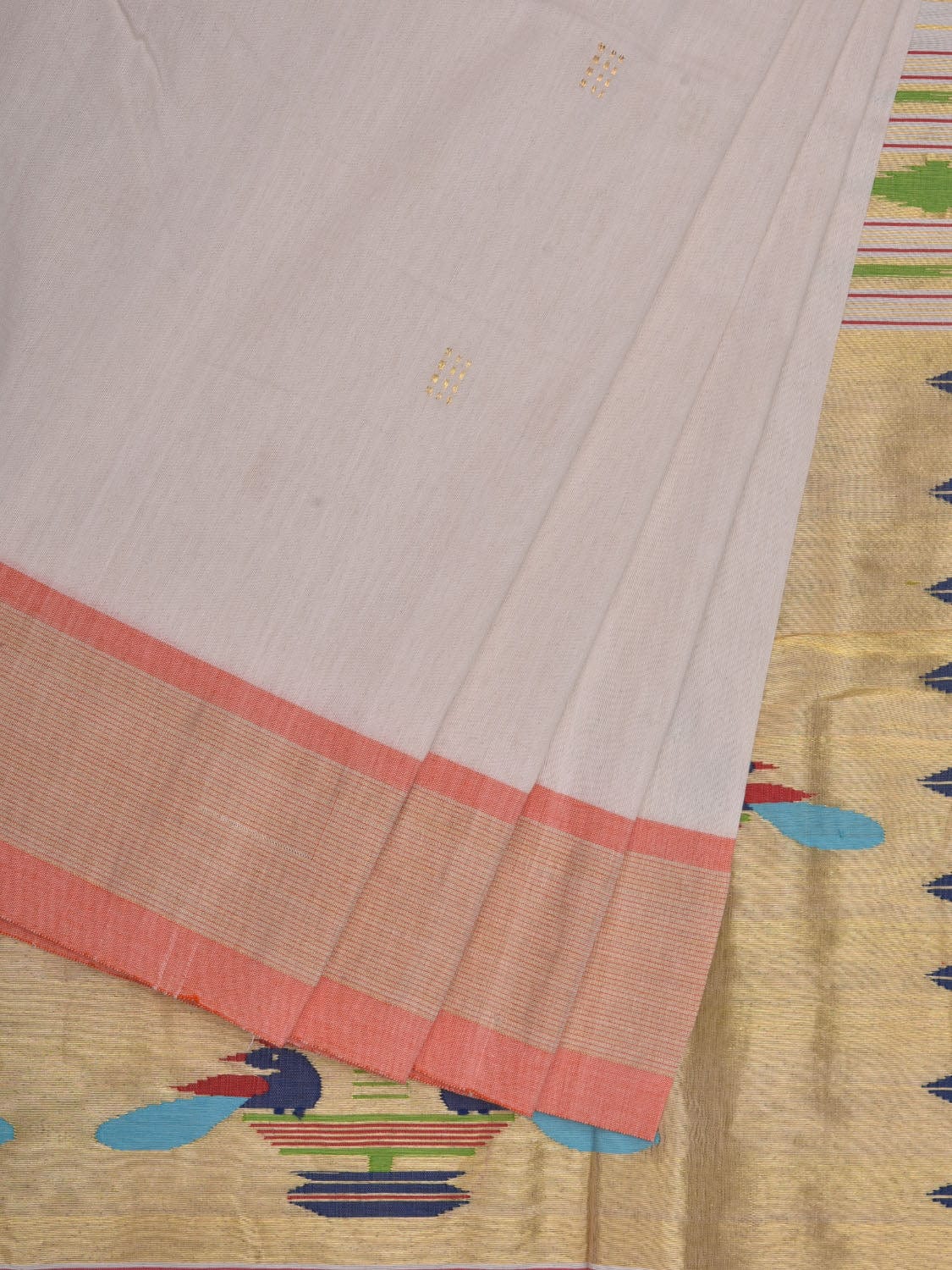 White Paithani Cotton Handloom Saree with Double Pallu Design p0459