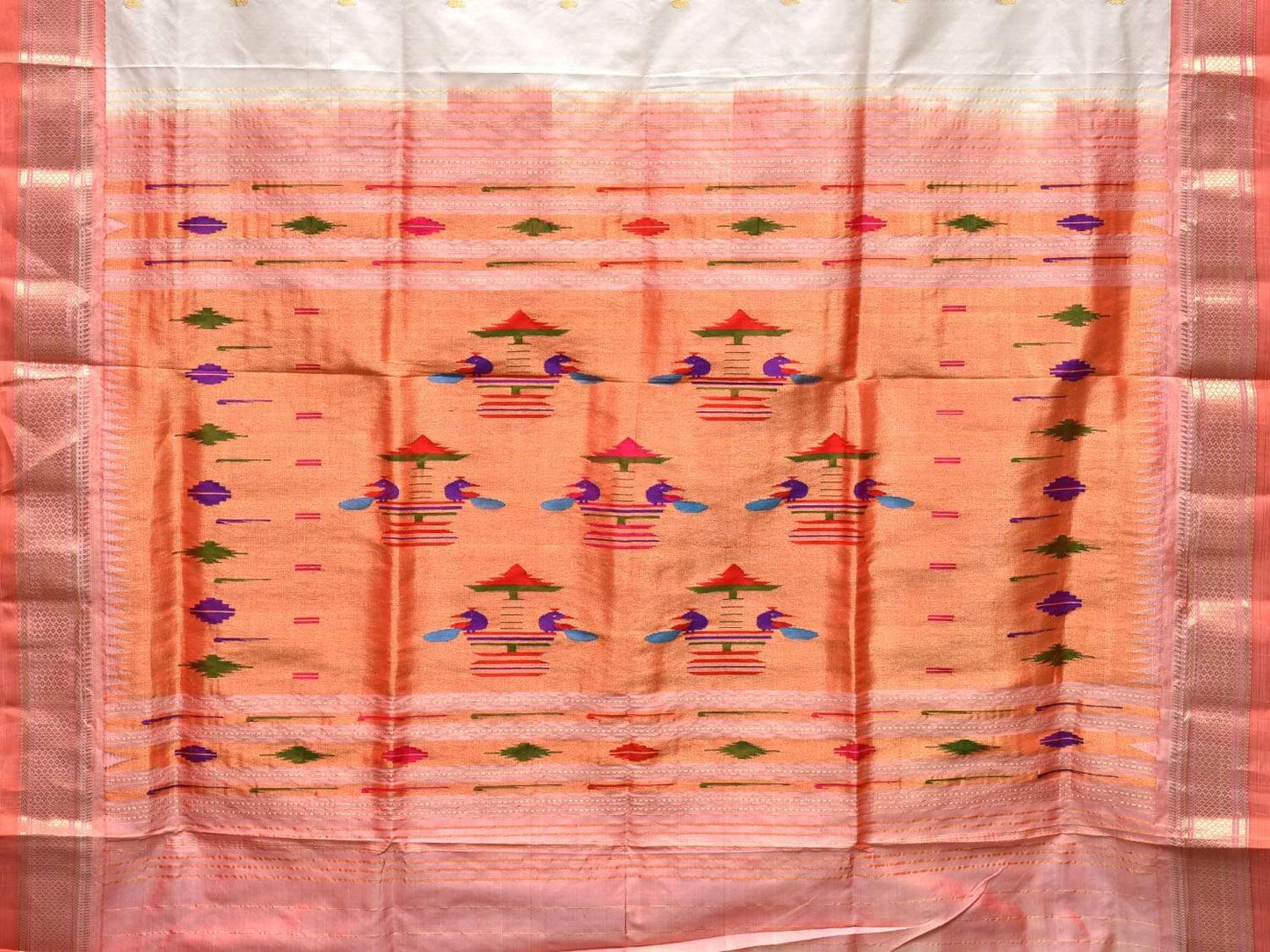 White Paithani Silk Handloom Saree with Double Pallu Design p0354