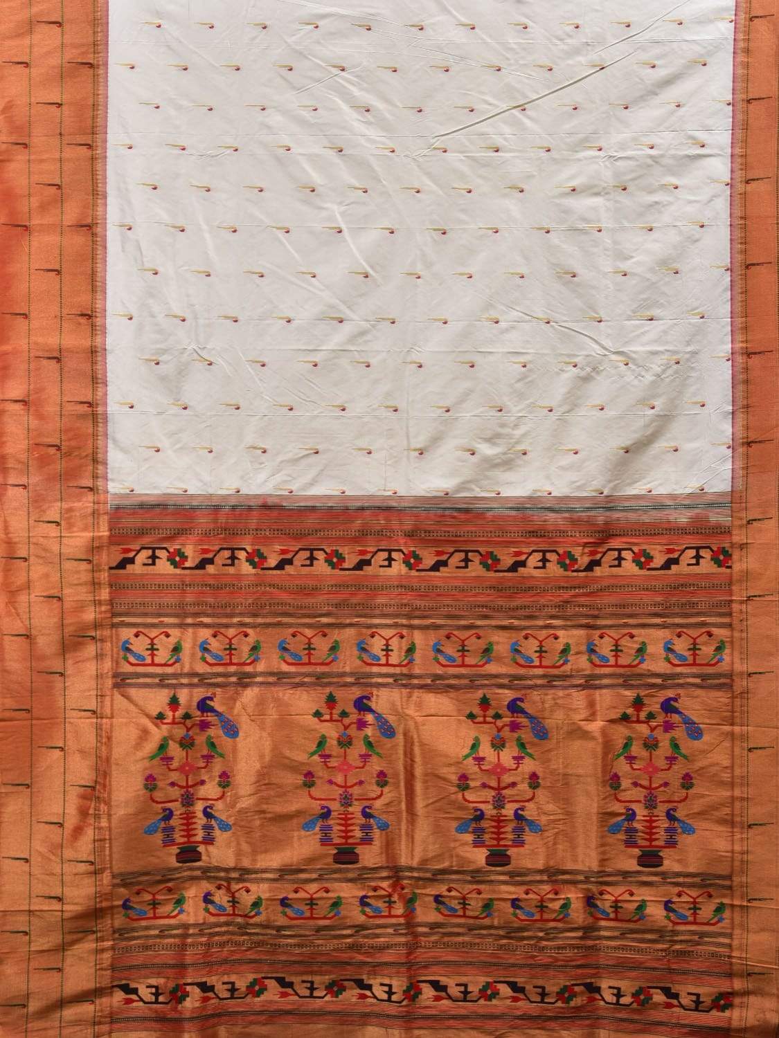White Paithani Silk Handloom Saree with Triple Muniya Border Saree p0369