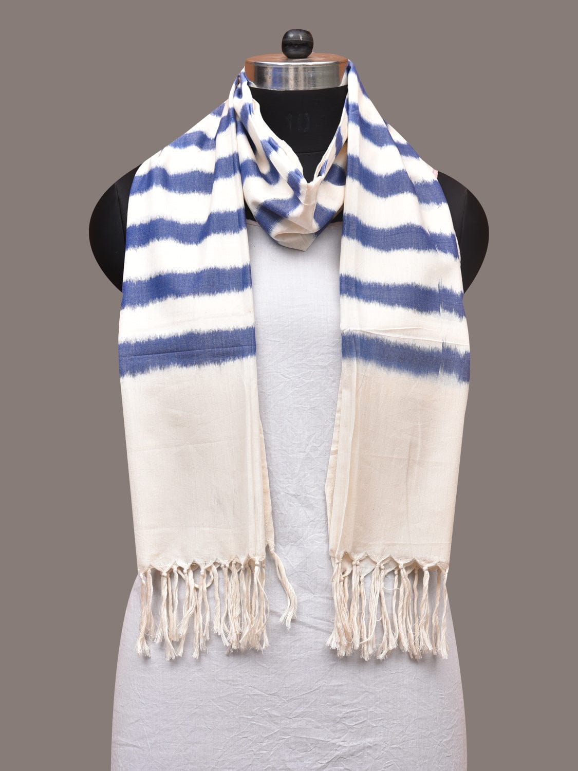 White Pochamaplly Ikat Cotton Handloom Stole with Strips Design ds3367
