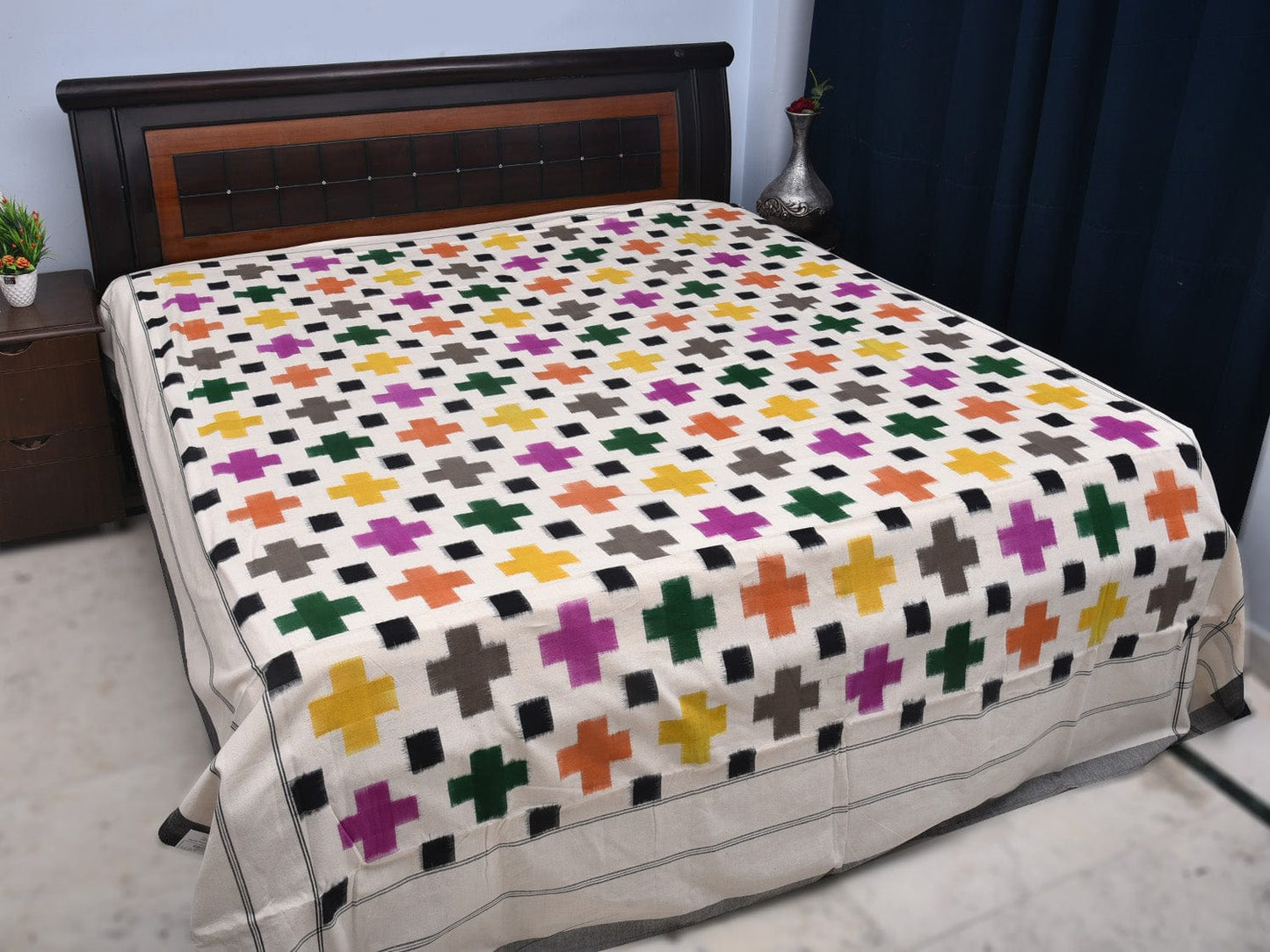 White Pochampally Ikat Cotton Handloom Bedsheet with Plus Buta Design 90 x 108 Inches No Pillow Covers bd0065