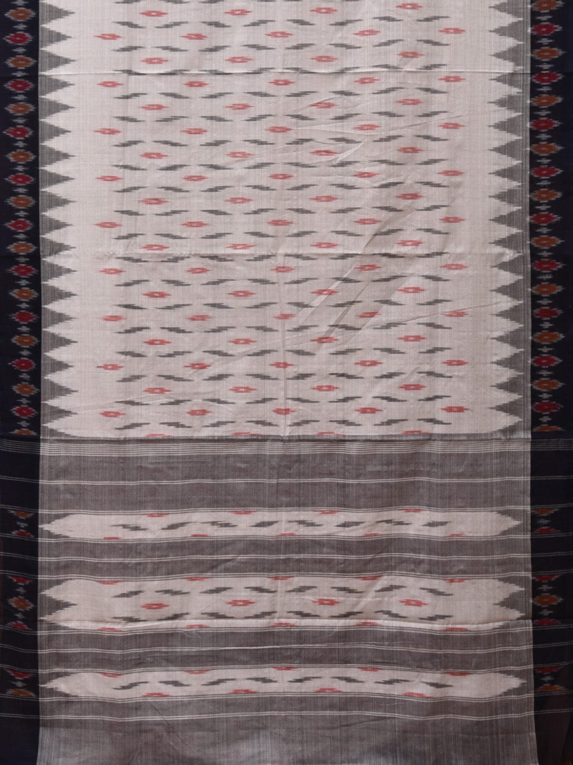 White Pochampally Ikat Cotton Handloom Saree with Temple Border Design No Blouse i0822