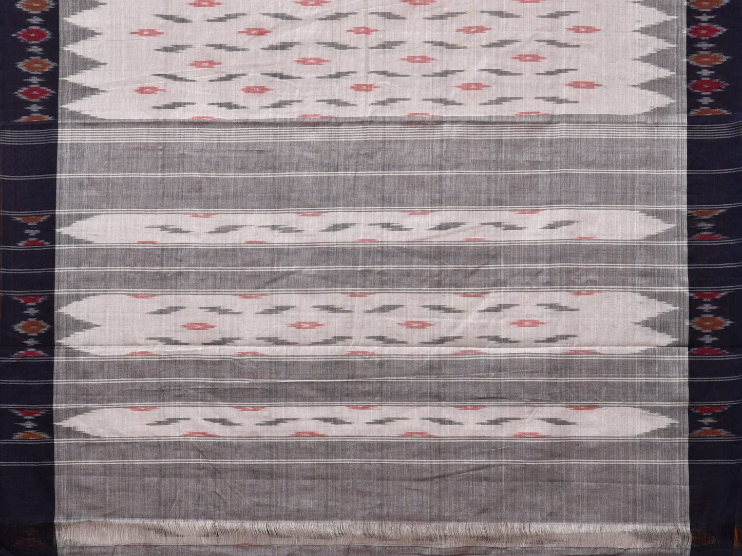 White Pochampally Ikat Cotton Handloom Saree with Temple Border Design No Blouse i0822