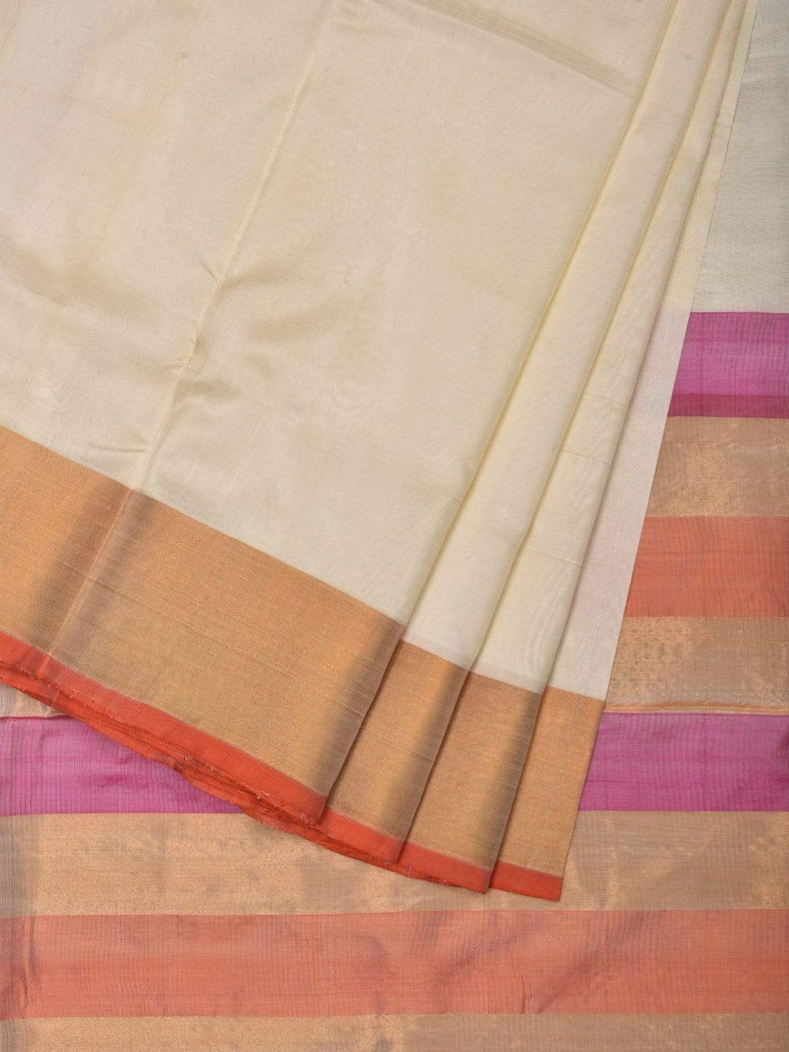 White Uppada Silk Handloom Plain Saree with Strips Pallu Design u1788