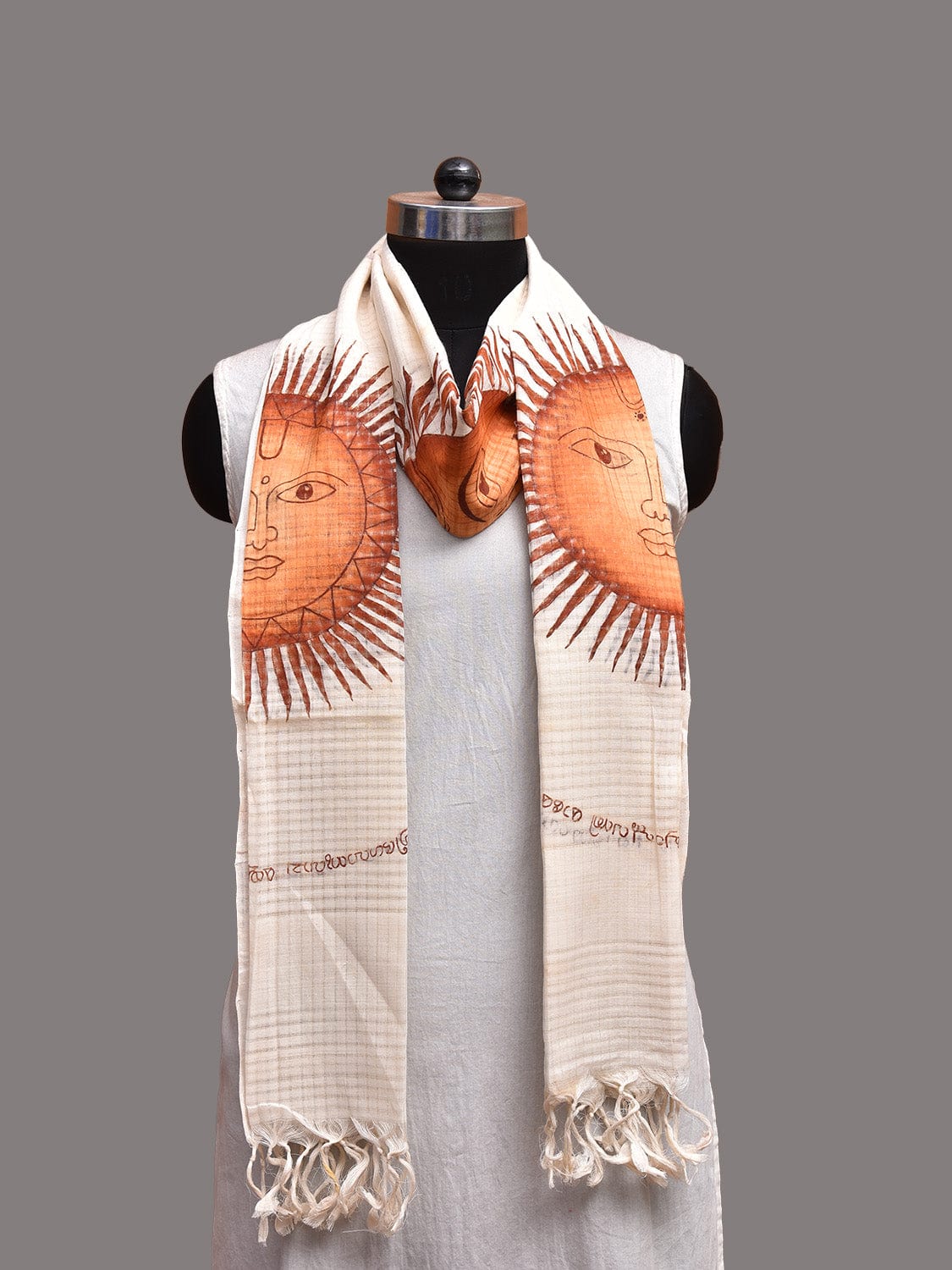 White Venkatagiri Cotton Handloom Dupatta with Hand Painted Sun Design ds3727