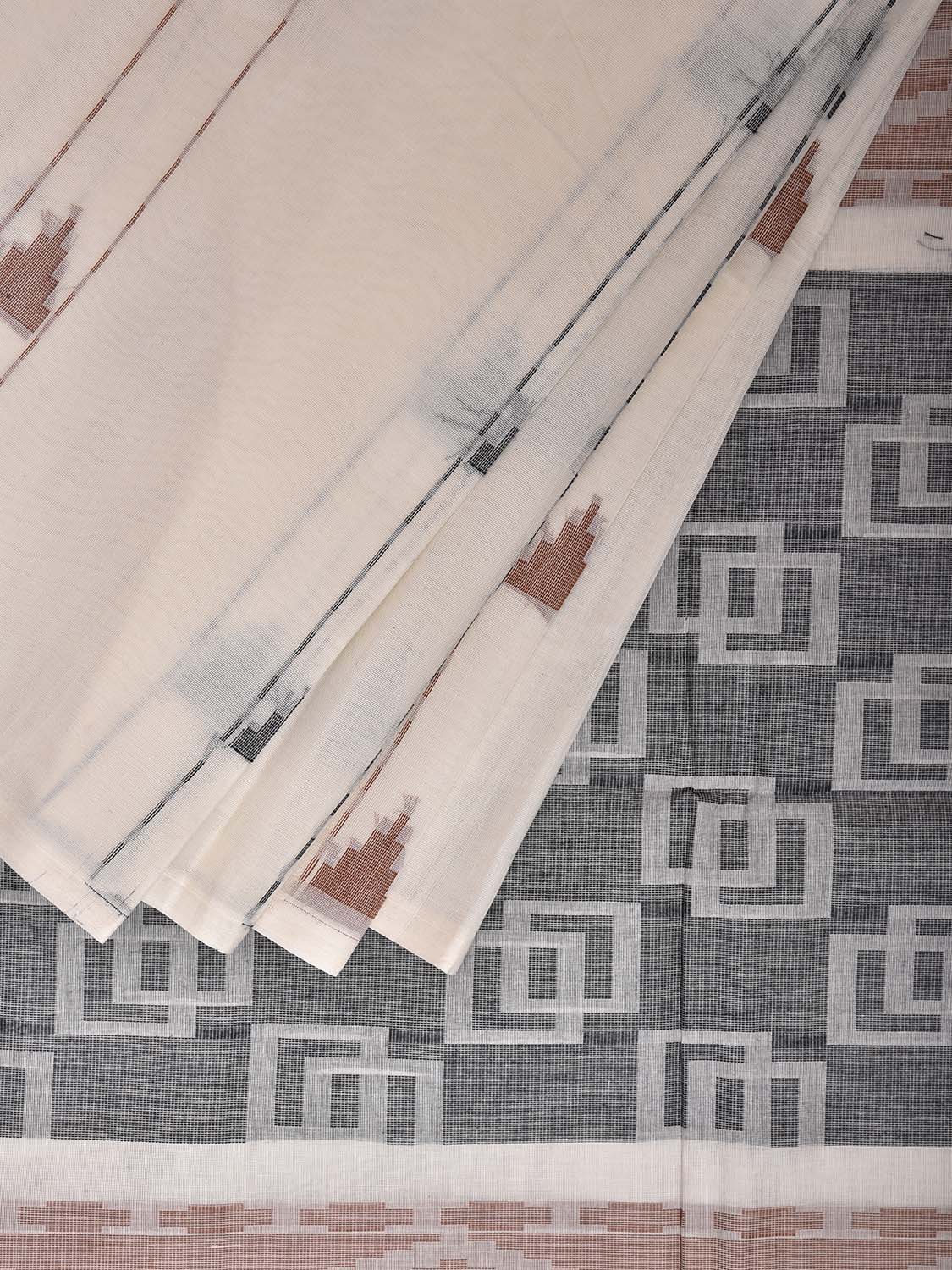 White Venkatagiri Cotton Saree with Arrow Head Buta and Pallu Design v0145