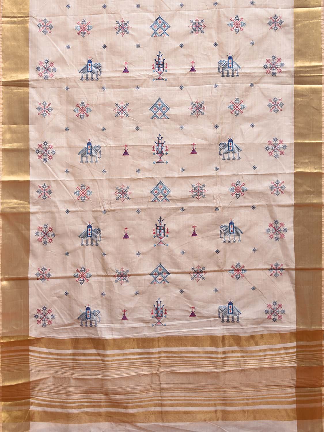 White Viscose Silk Saree with Kasuti Work and Strips Pallu Design o0585