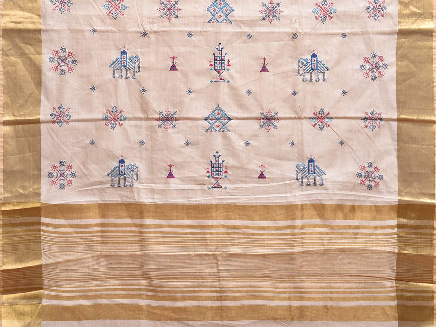 White Viscose Silk Saree with Kasuti Work and Strips Pallu Design o0585