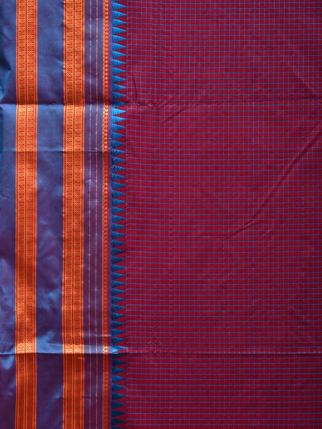 Wine and Blue Narayanpet Cotton Silk Handloom Saree with Checks Design No Blouse np0592