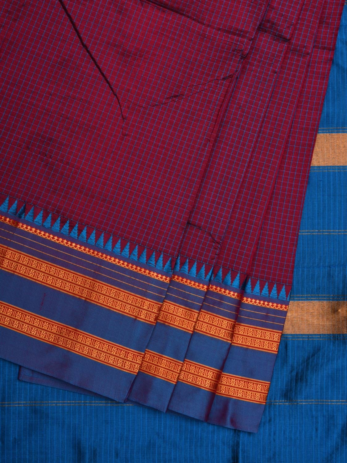 Wine and Blue Narayanpet Cotton Silk Handloom Saree with Checks Design No Blouse np0592