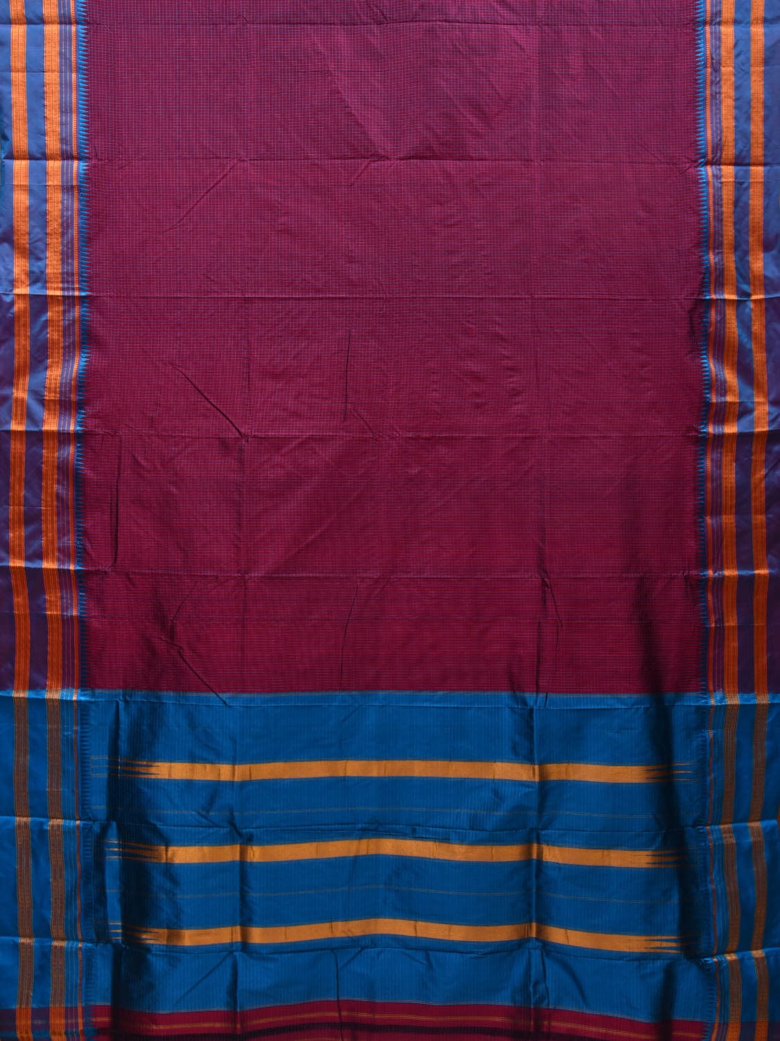 Wine and Blue Narayanpet Cotton Silk Handloom Saree with Checks Design No Blouse np0592