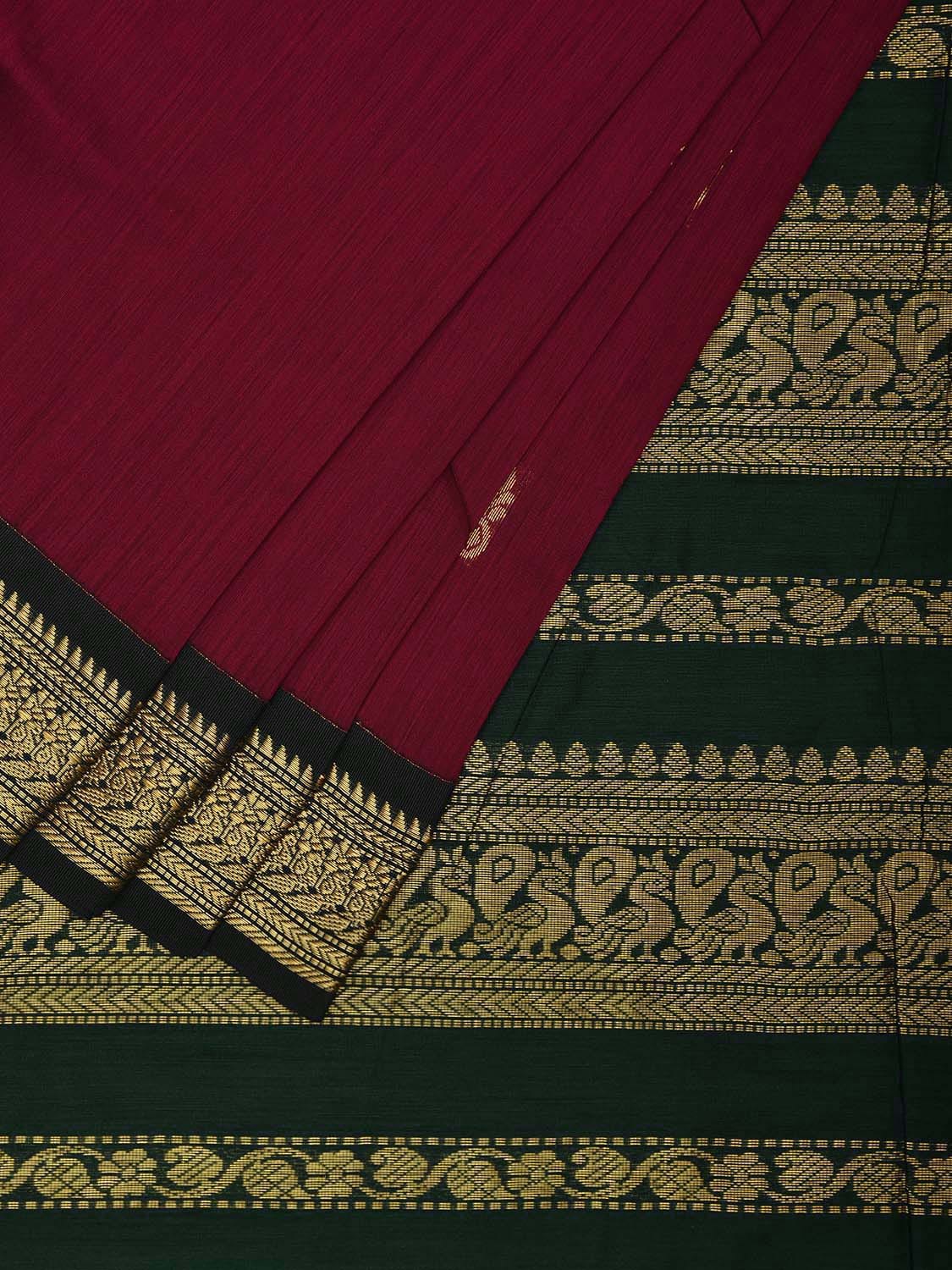 Wine and Green Gadwal Cotton Saree with Pallu and Border Design g0433