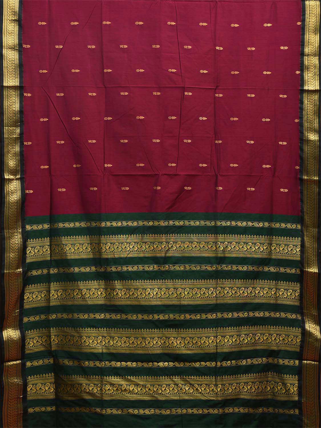 Wine and Green Gadwal Cotton Saree with Pallu and Border Design g0433