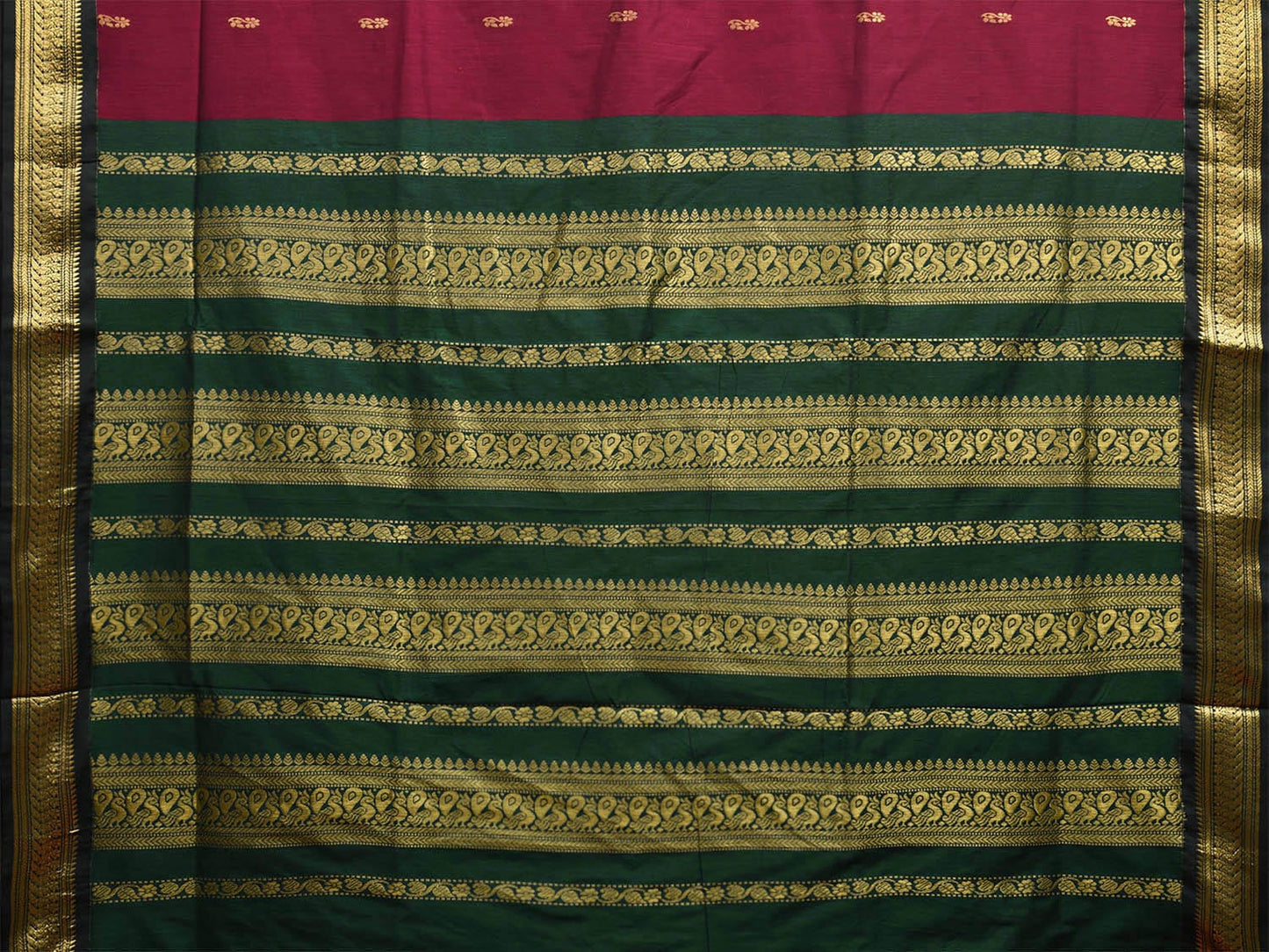Wine and Green Gadwal Cotton Saree with Pallu and Border Design g0433