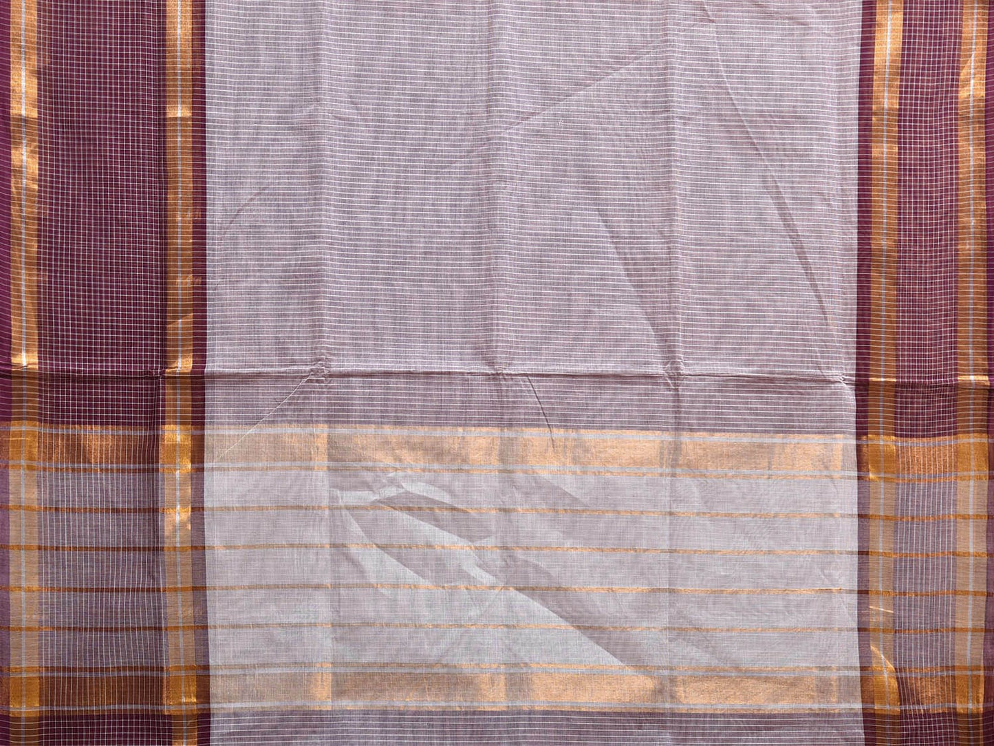 Wine and Grey Venkatagiri Cotton Saree with Strips and Checks Border Design No Blouse v0110