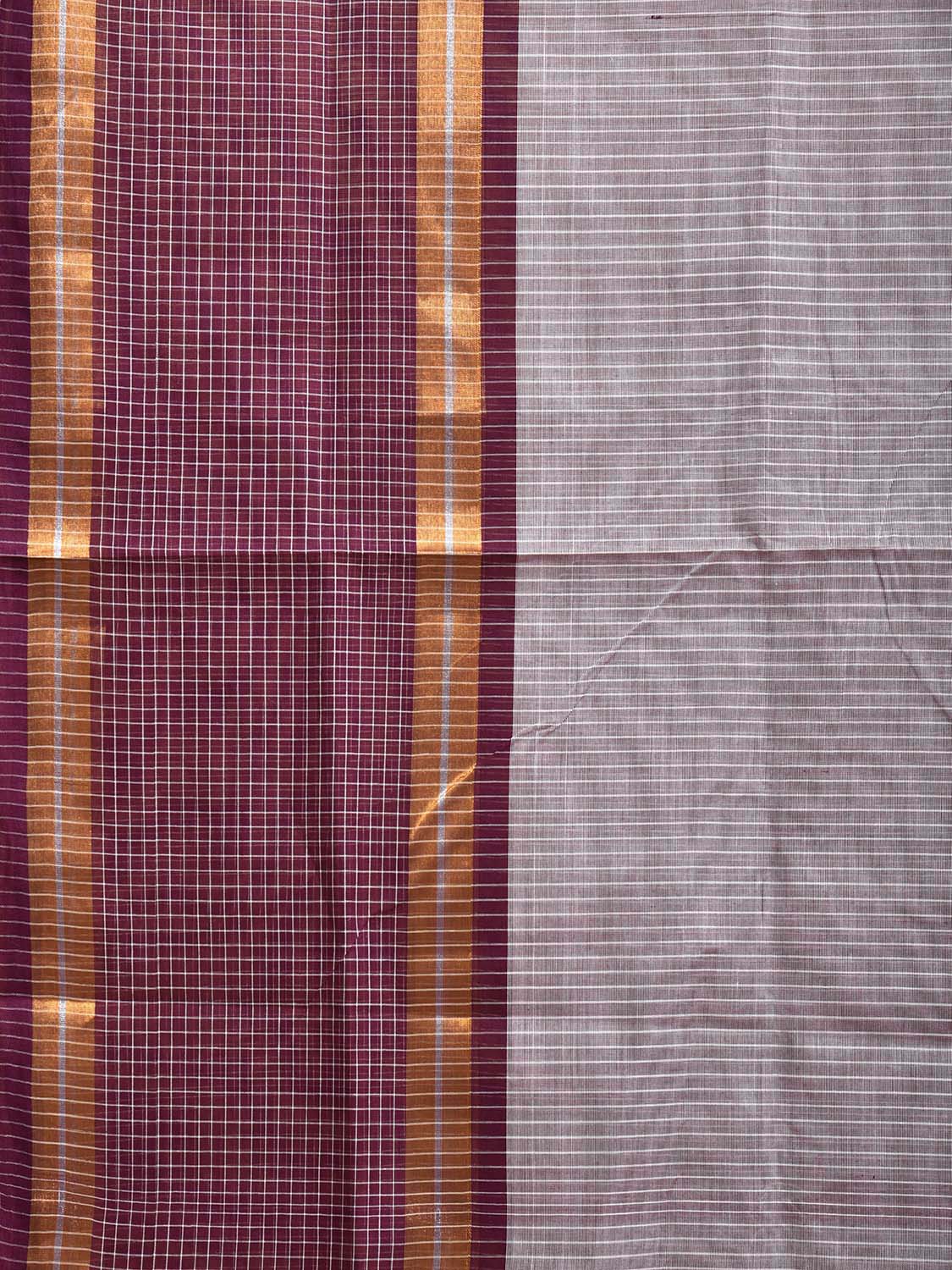 Wine and Grey Venkatagiri Cotton Saree with Strips and Checks Border Design No Blouse v0110