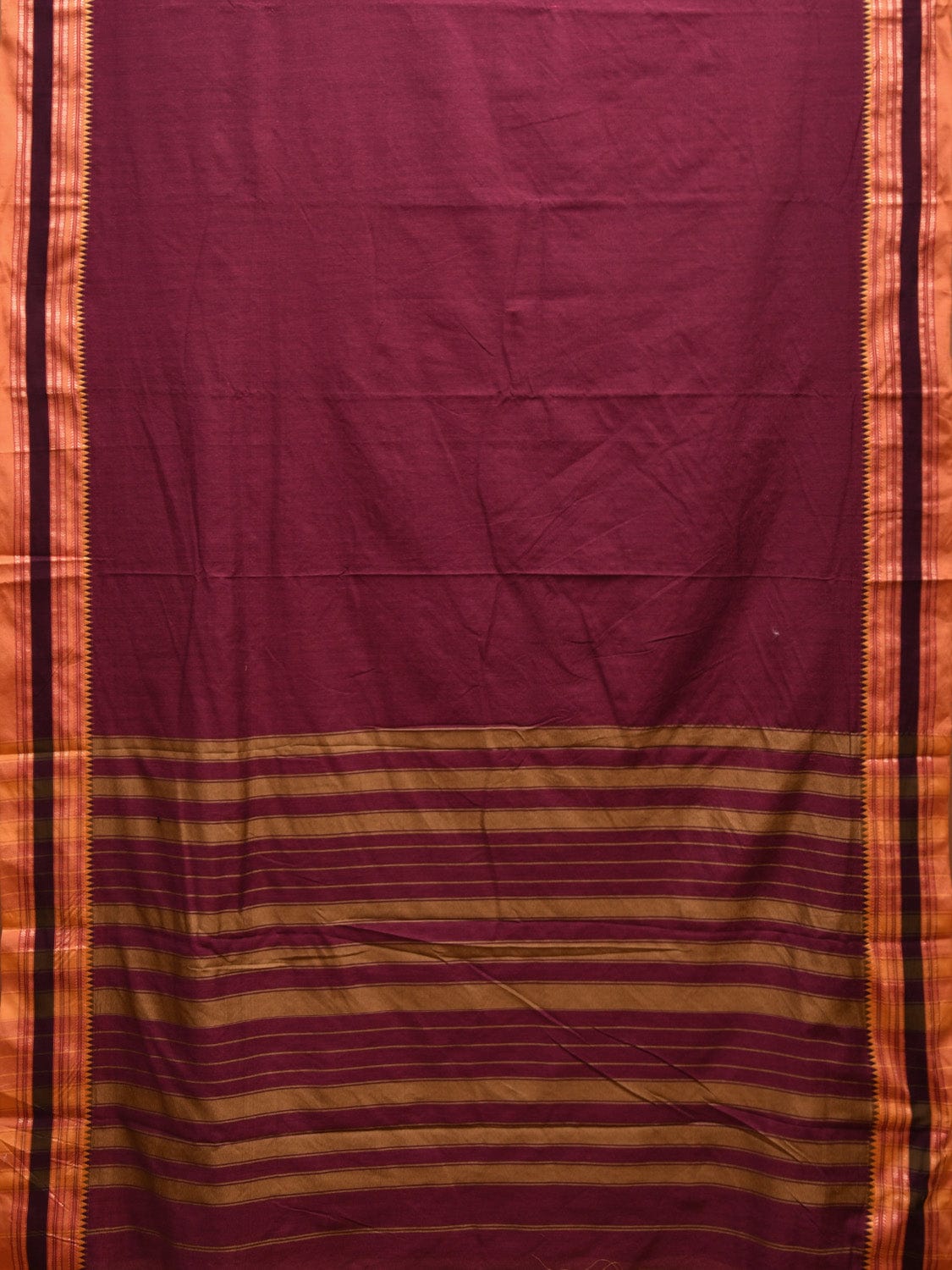 Wine and Mustard Bamboo Cotton Plain Saree with Strips Pallu Design No Blouse bc0597